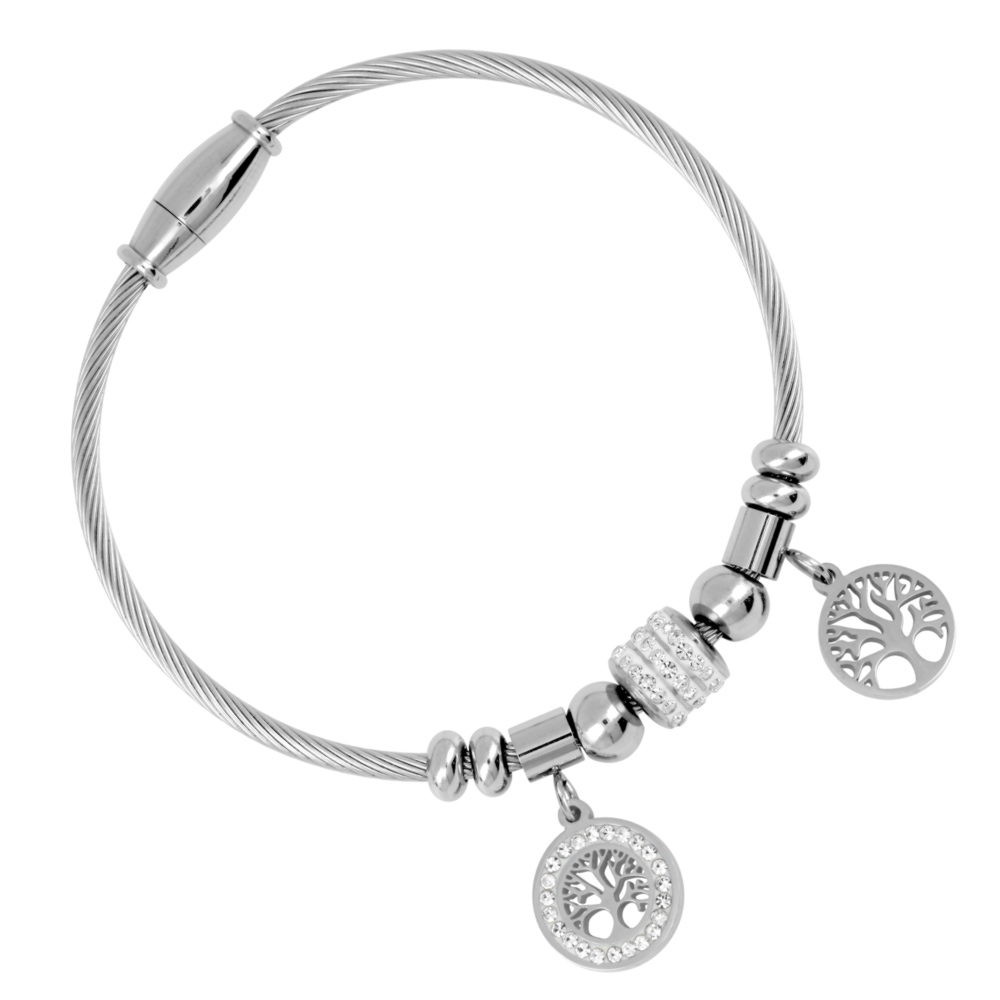 Bracelet Acier Aimanté 2 Arbres de Vie et Rouleau Cristal L