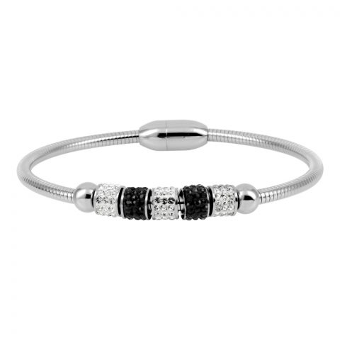 Bracelet Acier Aimanté et Rouleaux Cristal Blanc et Noir