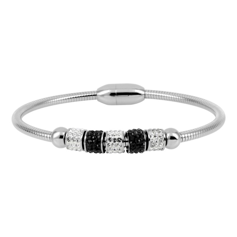Bracelet Acier Aimanté et Rouleaux Cristal Blanc et Noir