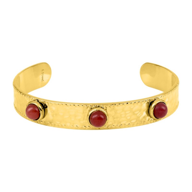 Bracelet Fashion Steel Manchette 10mm Acier Doré et Agate Rouge Synthétique