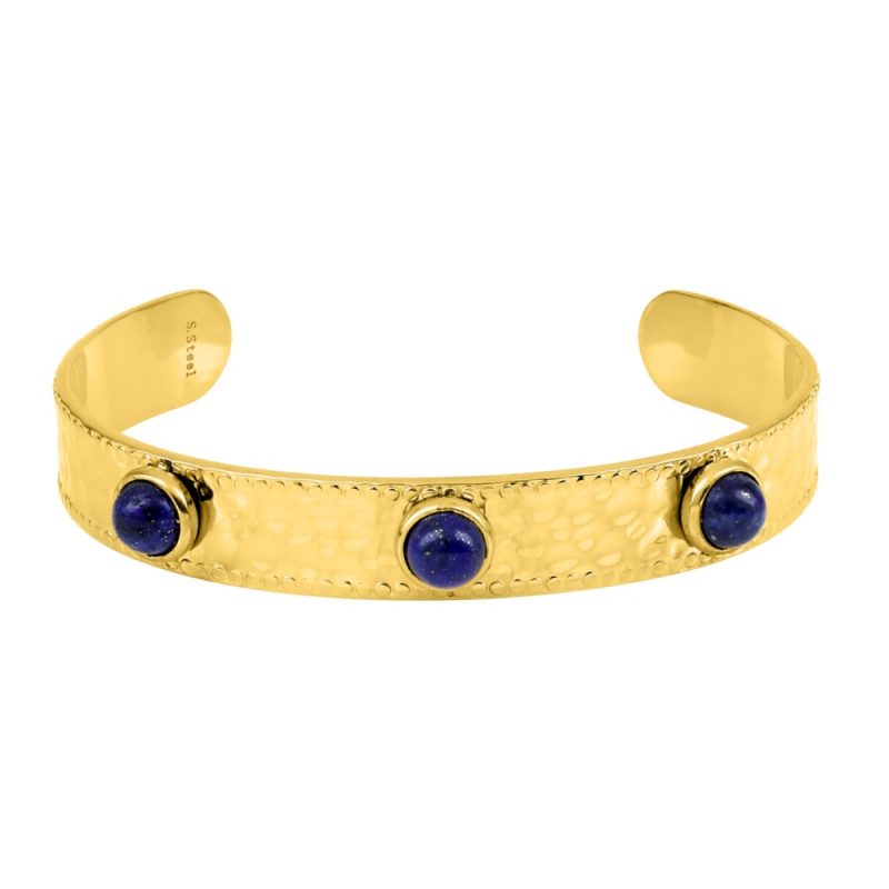 Bracelet Fashion Steel Manchette 10mm Acier Doré et Agate Bleue Synthétique