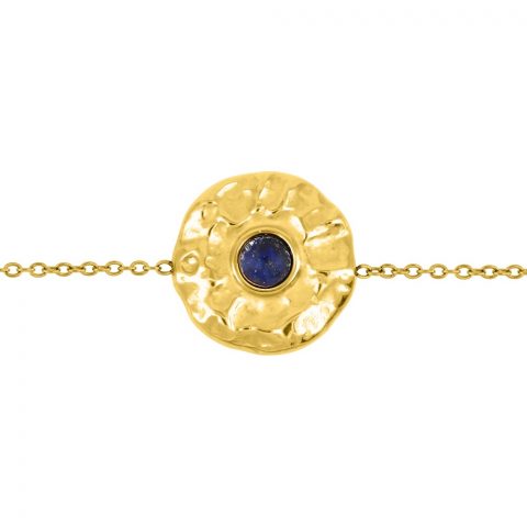 Bracelet Acier Doré Rond Martelé et Lapis Bleu Synthétique 16+3 cm