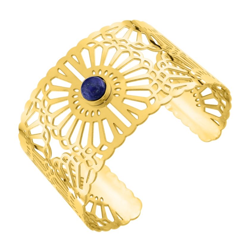 Bracelet Fashion Steel Manchette 40mm Acier Doré et Lapis Bleu Synthétique – Image 2