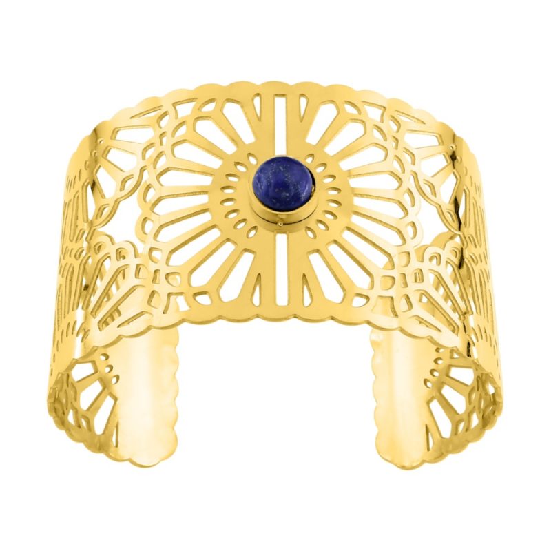Bracelet Fashion Steel Manchette 40mm Acier Doré et Lapis Bleu Synthétique