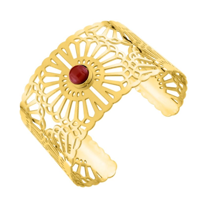 Bracelet Fashion Steel Manchette 40mm Acier Doré et Rubis Synthétique – Image 2