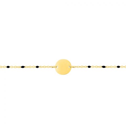 Bracelet Acier Doré Résine Noire et Plaque Ronde 10mm