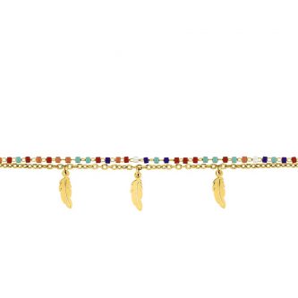 Bracelet Fashion Steel Acier Doré 2 Rangs Perles de Miyuki et Plumes Longueur 16+3cm