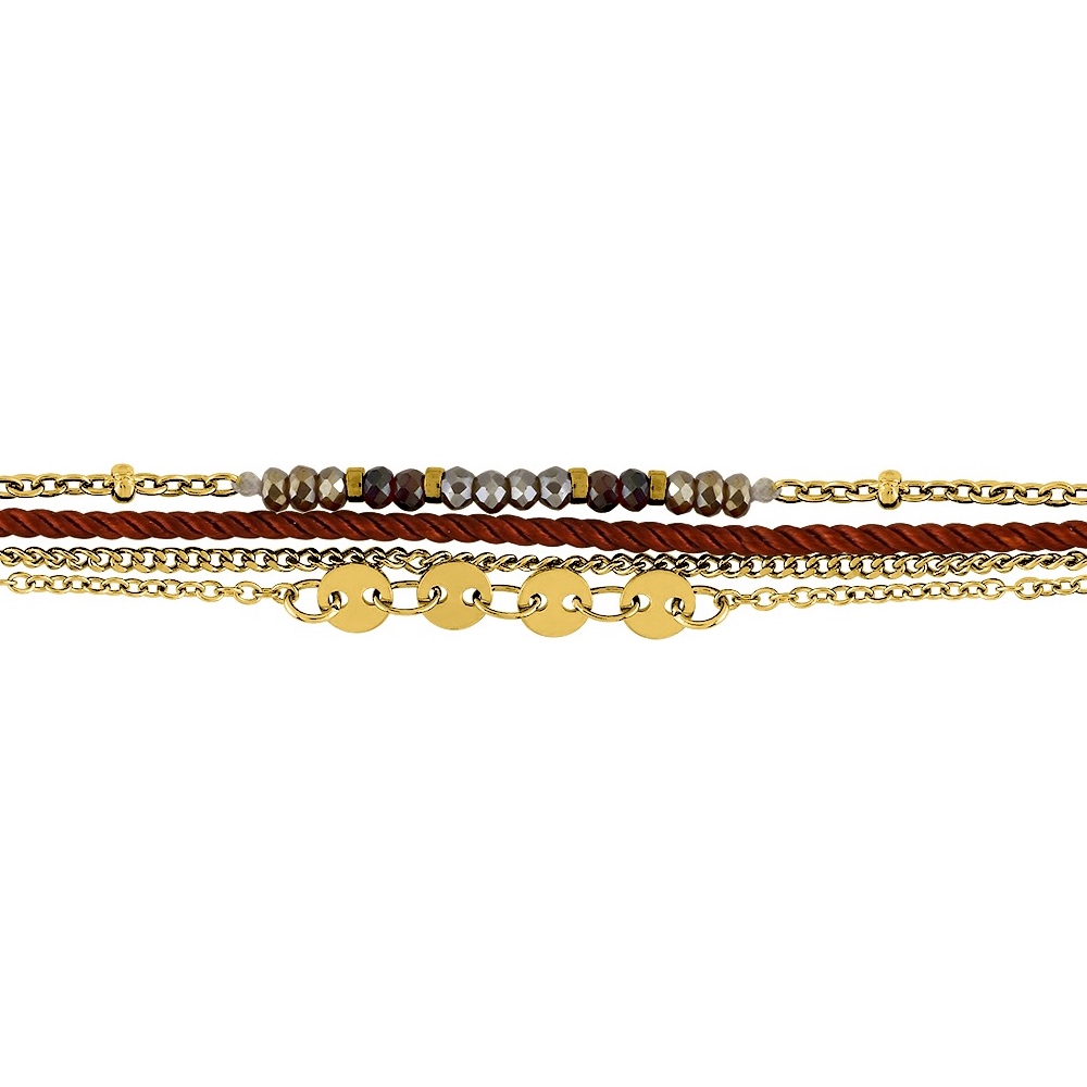 Bracelet Fashion Steel Acier Doré 4 Rangs Fil Nylon Rouge Cristal Synthétique