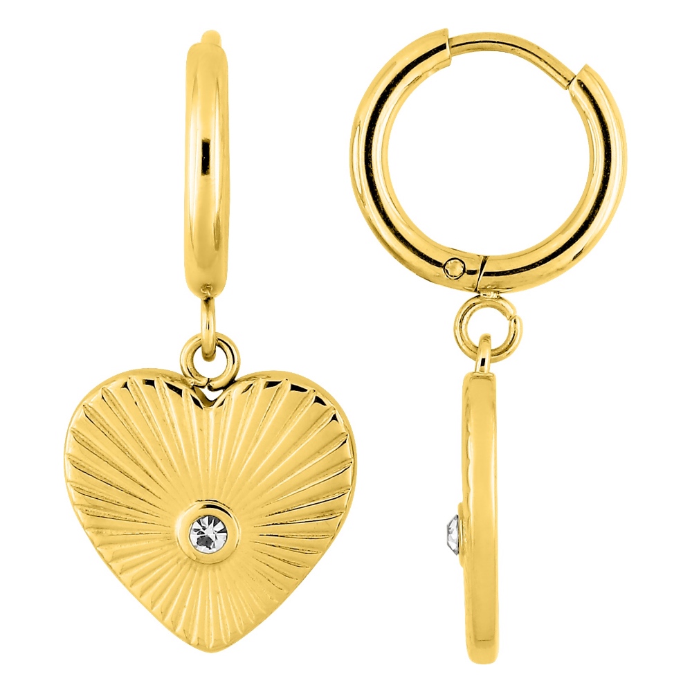 Boucles D'oreilles Créoles En Forme De Cœur - Acier Doré Avec Cristaux - Idée Cadeau