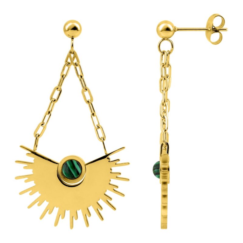 Boucles d'oreilles Fashion Steel Malachite Verte Synthétique Acier Doré