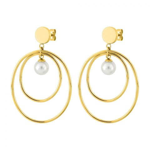 Boucles d'oreilles Fashion Steel Pendantes Perle Synthétique Acier Doré Double Ovale 24X27 mm et 34X40 mm