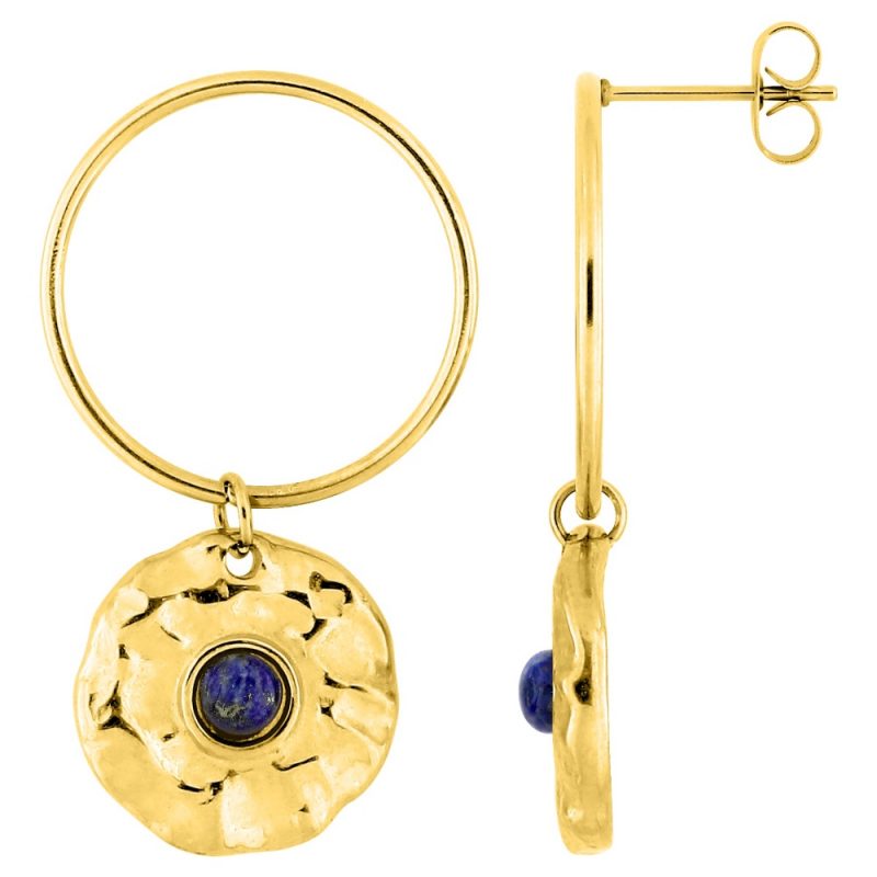 Boucles d'oreilles Fashion Steel Lapis Bleu Synthétique Acier Doré  Double Rond 20 et 15mm