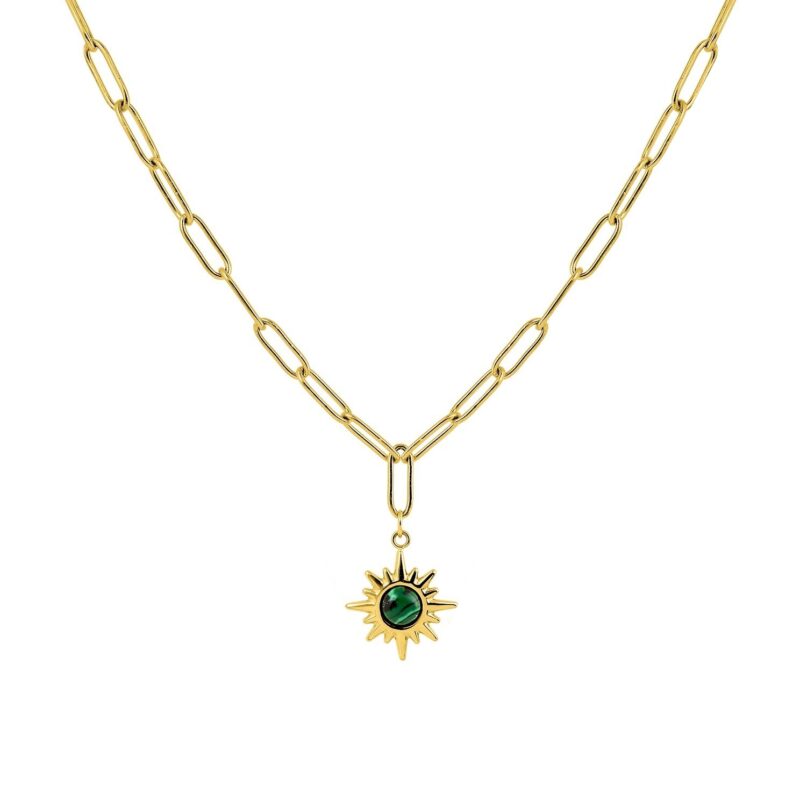 Collier Fashion Steel Acier Doré Motif Soleil Malachite Verte Synthétique