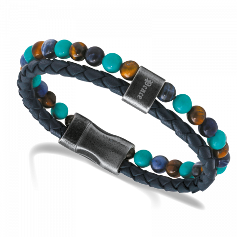 Bracelet Homme Rochet Karma Peace Acier Cuir Tressé Marine 5mm et Perles Multicouleurs HB562212