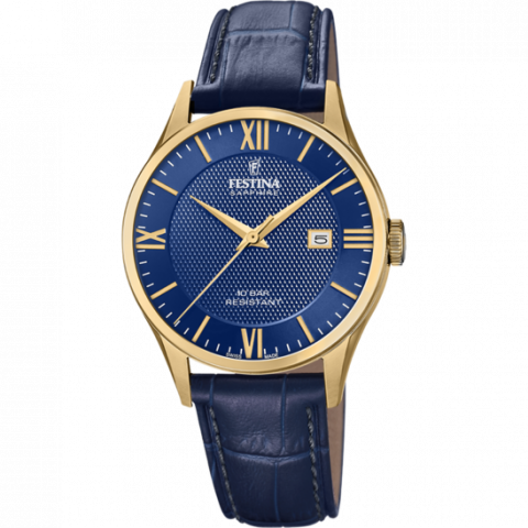 Montre Festina Homme Swiss Made Acier PVD Jaune Cadran Bleu Cuir Marine Verre Saphir F20010/3