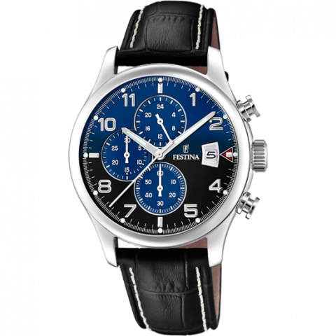 Montre Festina Homme Timeless Chronographe Fond Bleu avec Dégradé Noir Bracelet Cuir Noir F20375/7