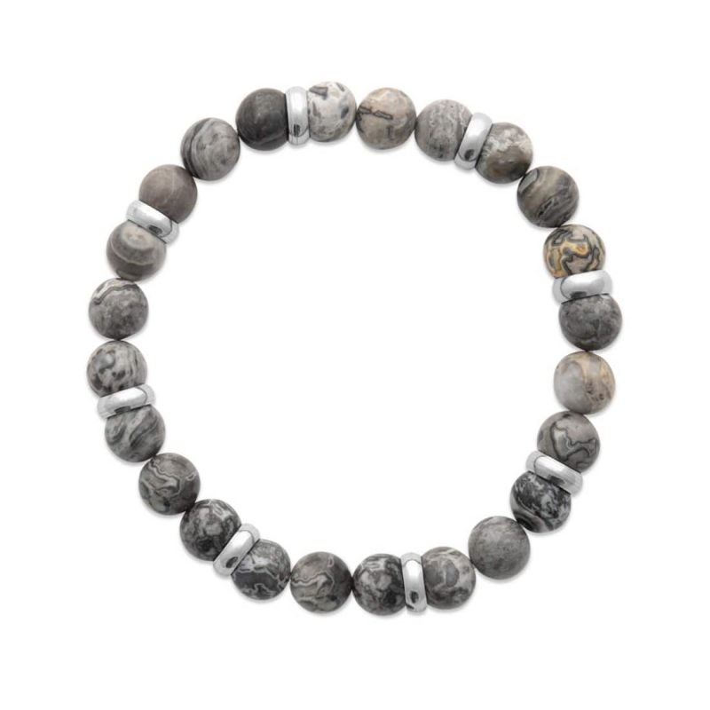 Bracelet Homme Pierres Naturelles Jaspe Gris Perles 8mm