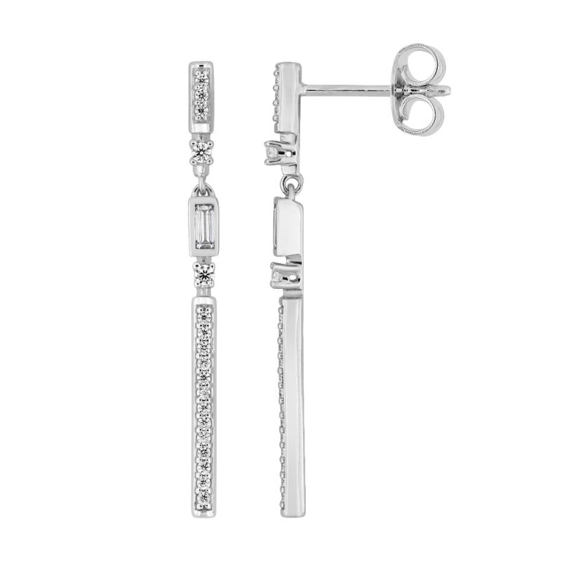 Boucles d'oreilles Pendantes Argent Rhodié 925/1000 Barette Oxydes Blancs