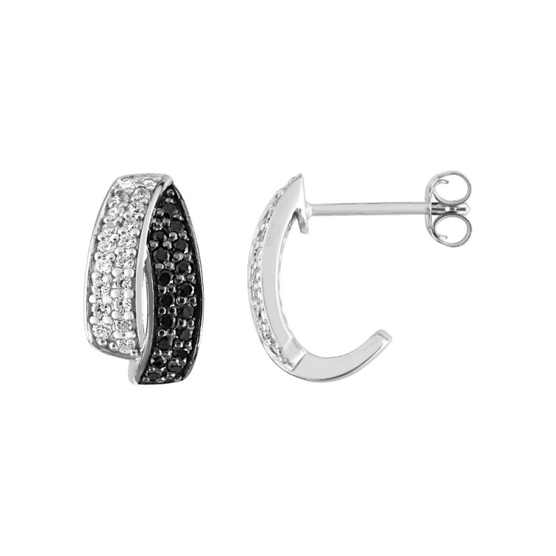 Boucles d'oreilles Argent Rhodié 925/1000 Pavage Oxydes blancs et Noirs