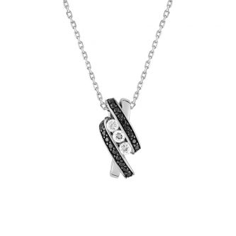 Collier Argent Rhodié 925/1000 Trilogie Oxydes blancs et Noirs