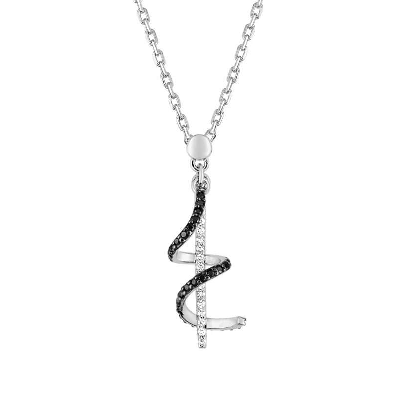 Collier Argent Rhodié 925/1000 Barette Oxydes blancs et Spirale Oxydes Noirs