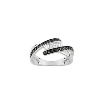 Bague Argent Rhodié 925/1000 Trilogie Oxydes blancs et Noirs - 54
