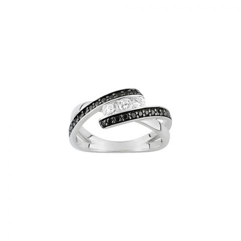 Bague Argent Rhodié 925/1000 Trilogie Oxydes blancs et Noirs