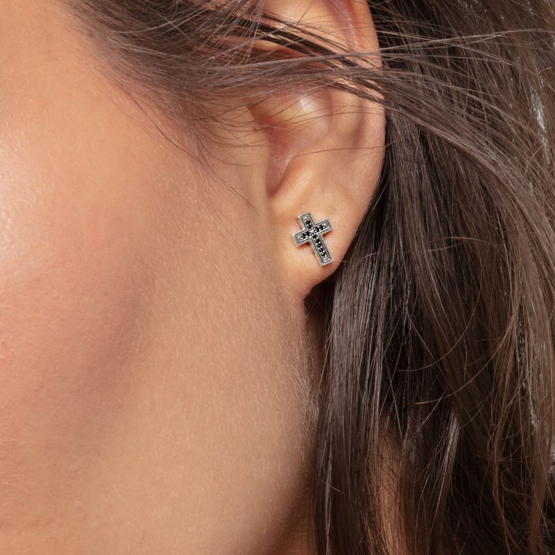 Boucles d'oreilles Clous Thomas Sabo Argent 925/1000 Croix et Oxydes Noirs – Image 2