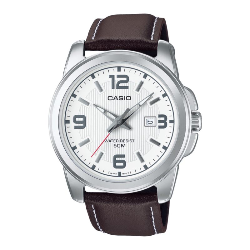 Montre Homme Casio Analogique Fond Blanc Cuir Marron MTP-1314PL-7AVEF