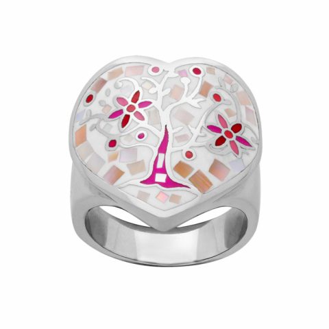 Bague Stella Mia Acier et Nacre Forme Coeur Motif Arbre de Vie