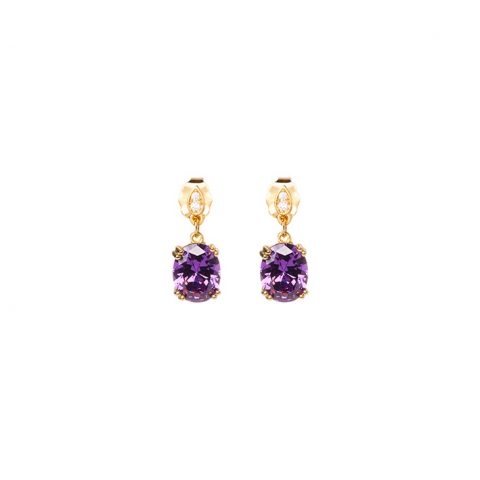 Boucles d'oreilles Plaqué or 750 Pendantes Princesse Oxyde Violet Ovale et Oxydes Blancs Ronds