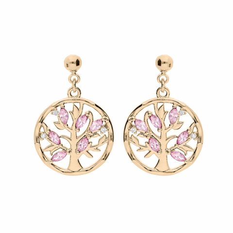 Boucles d'oreilles Plaqué or 750 Pendantes Arbre de Vie avec Oxydes Roses