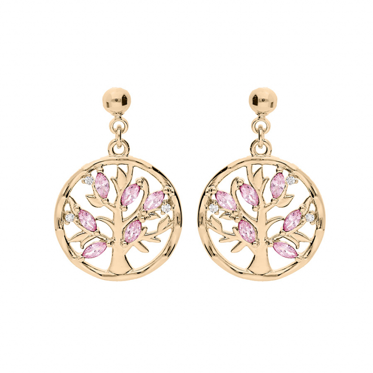 Boucles d'oreilles Plaqué or 750 Pendantes Arbre de Vie avec Oxydes Roses