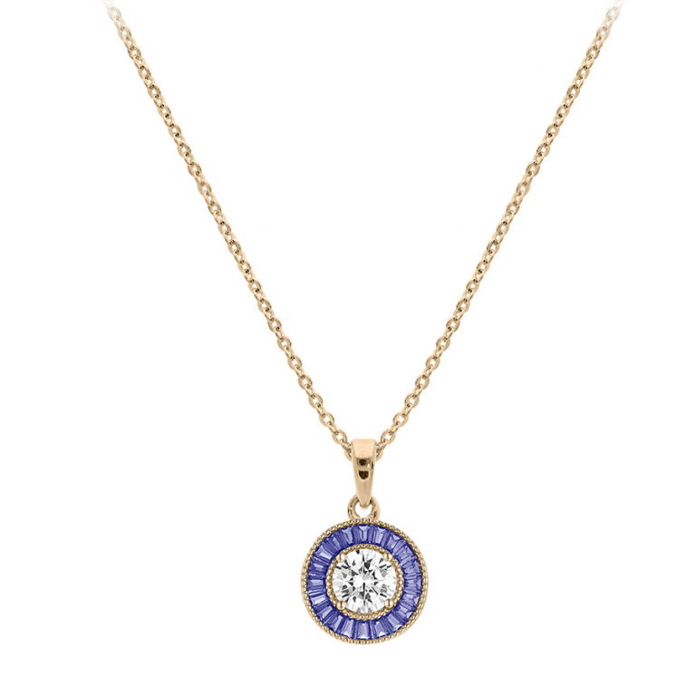 Collier Plaqué Or Centre Rond Oxyde Blanc et Contour Oxydes Bleus Rectangulaires – Image 2