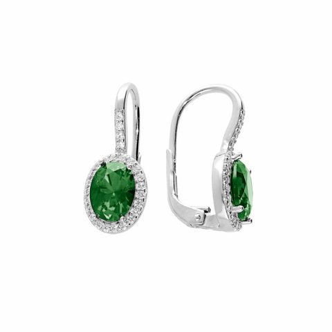Boucles d'oreilles Pendantes Dormeuses Argent 925/1000 avec Pierre Verte Synthétique et Oxydes