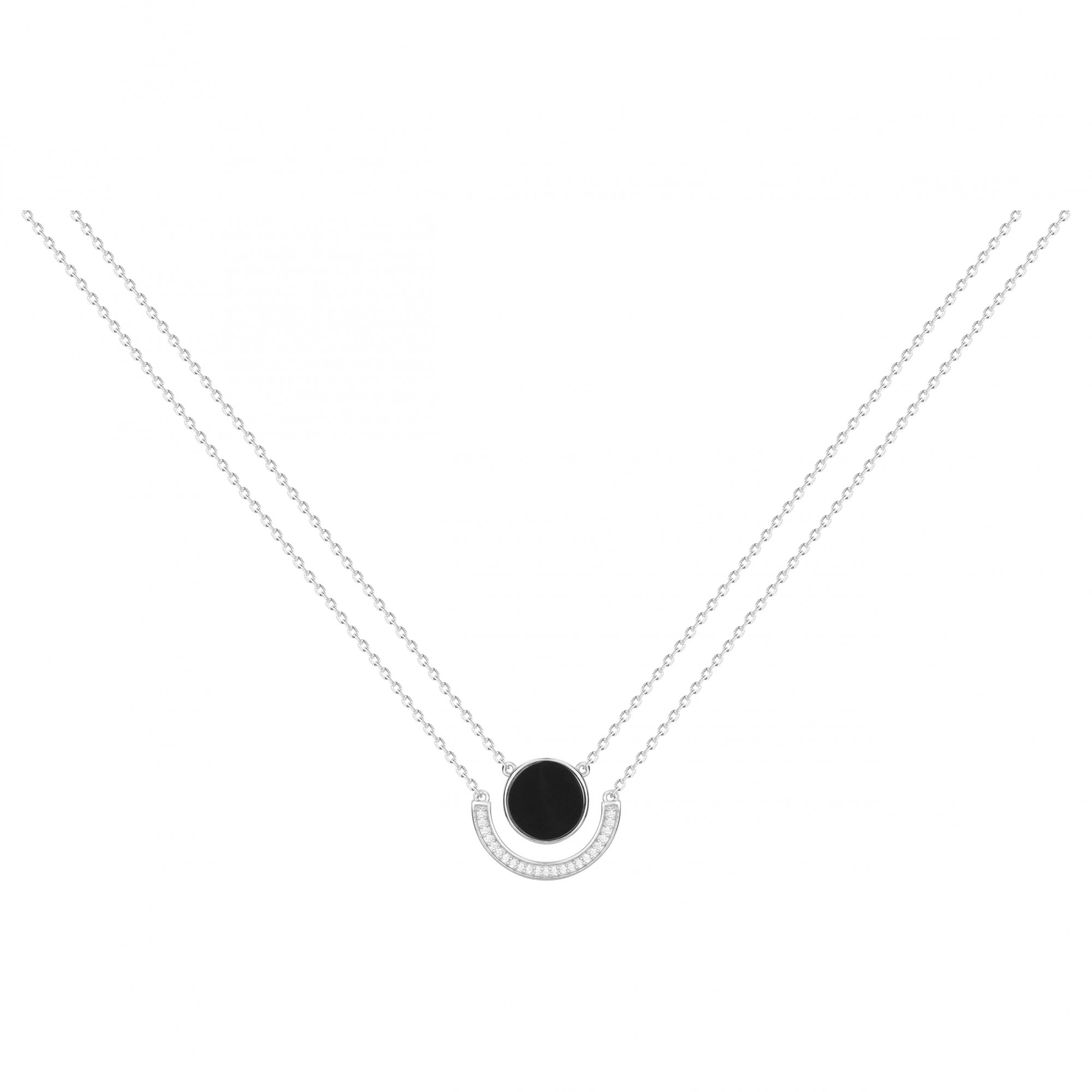 Collier Argent Rhodié 925/1000 Double rang avec Oxydes blancs et Céramique Noire