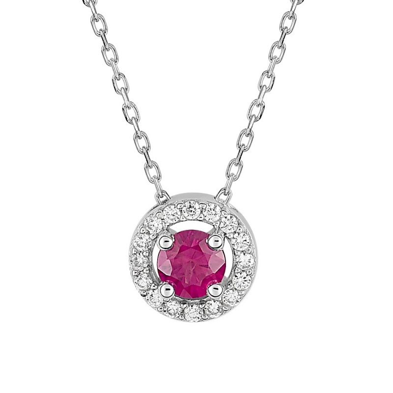 Collier Or Blanc 375/1000 Rubis et Entourage Oxydes
