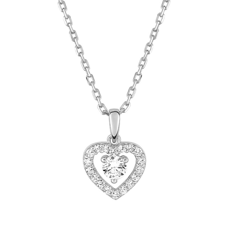 Collier Argent 925/1000 Coeur Pavage Oxydes et Oxydes Blanc Central