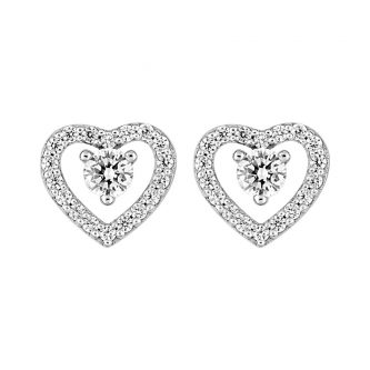 Boucles d'oreilles Argent Rhodié 925/1000 Coeur Pavage Oxydes et Oxydes Blanc Central