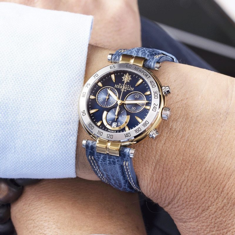 Montre Homme Herbelin Acier Bicolore Chrono Newport Originals Cuir Requin Bleu 37654T35 – Image 3