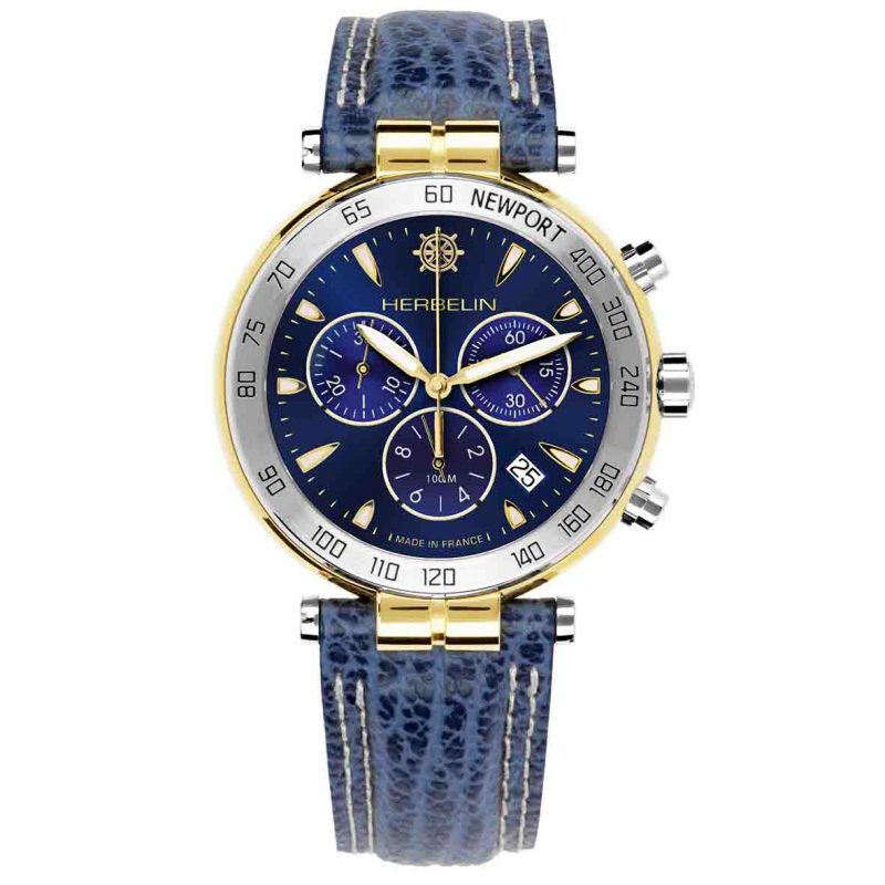 Montre Homme Herbelin Acier Bicolore Chrono Newport Originals Cuir Requin Bleu 37654T35