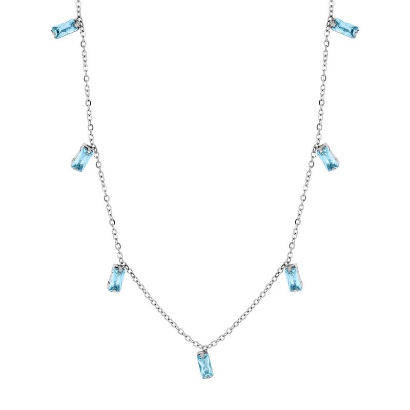 Collier Fashion Steel Acier Doré et Oxydes Bleus Taille Baguette