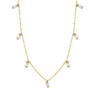 Collier Fashion Steel Acier Doré et Oxydes Blancs Taille Baguette