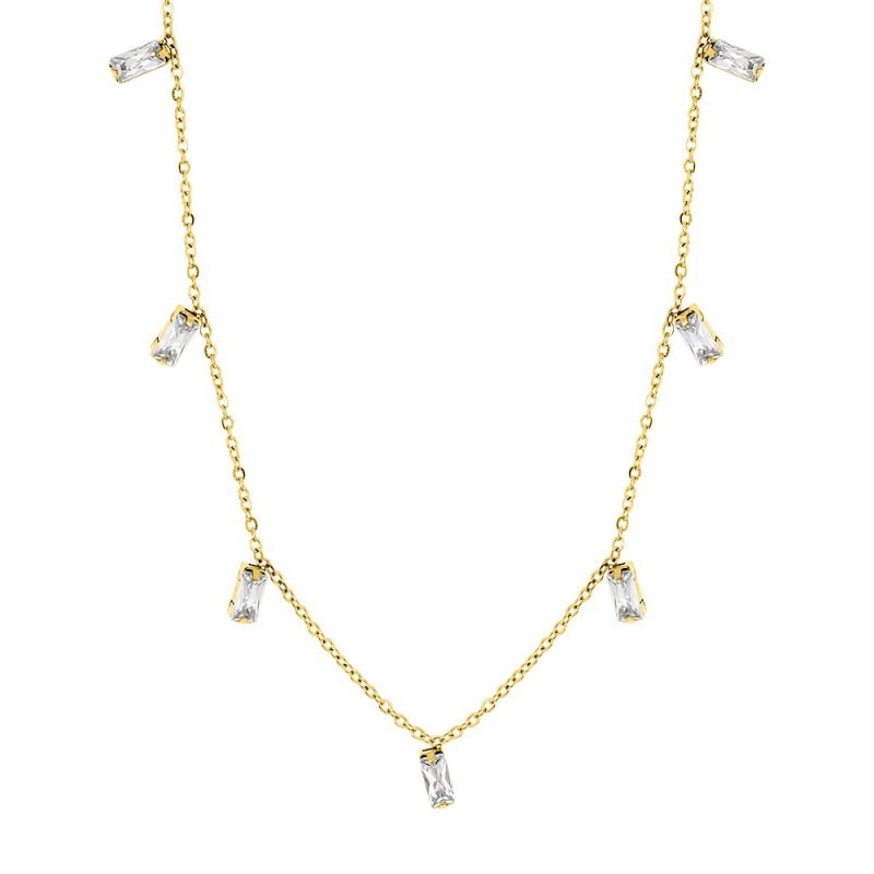 Collier Fashion Steel Acier Doré et Oxydes Blancs Taille Baguette