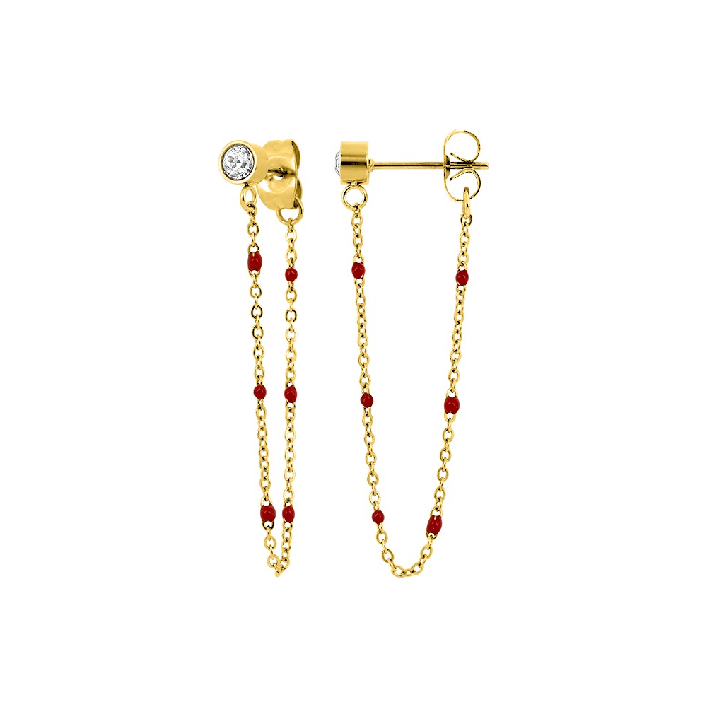 Boucles d'oreilles Fashion Steel Pendantes Acier Doré Chaine Résine Rouge et Cristal Synthétique