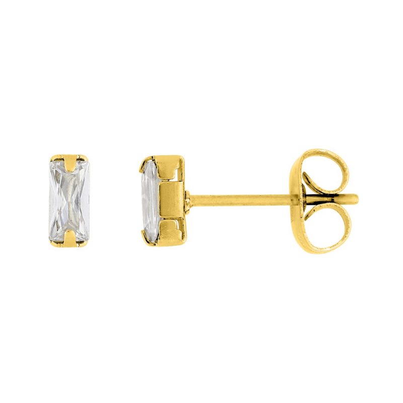 Boucles d'oreilles Fashion Steel Acier Doré et Oxydes Blancs Taille Baguette