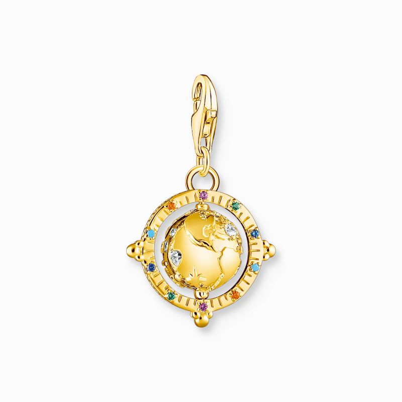 Pendentif Charm Globe Terrestre Multicolore Thomas Sabo Argent 925/1000 Plaqué Or Jaune 18 Carats
