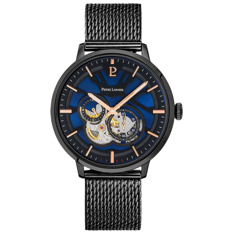 Montre Homme Pierre Lannier Automatique Trio Cadran Bleu Bracelet Acier milanais Noir 335B469