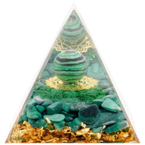 Pyramide Orgonite de Protection en Résine et Pierre Naturelle Boule de Paon Malachite et Composants en cuivre - 6x6cm