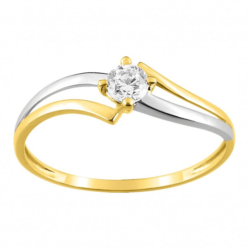 Bague Solitaire Or Bicolore 750/1000 Oxyde de Zirconium Serti 4 Griffes